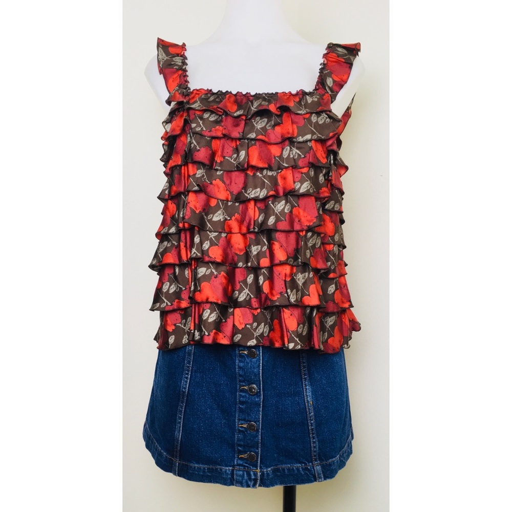 MOSCHINO Red Rose Print Tiered Ruffle Blouse